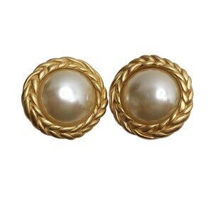 Vintage Gold-Tone Button Clip-On Earrings Faux Pearl Rope Border